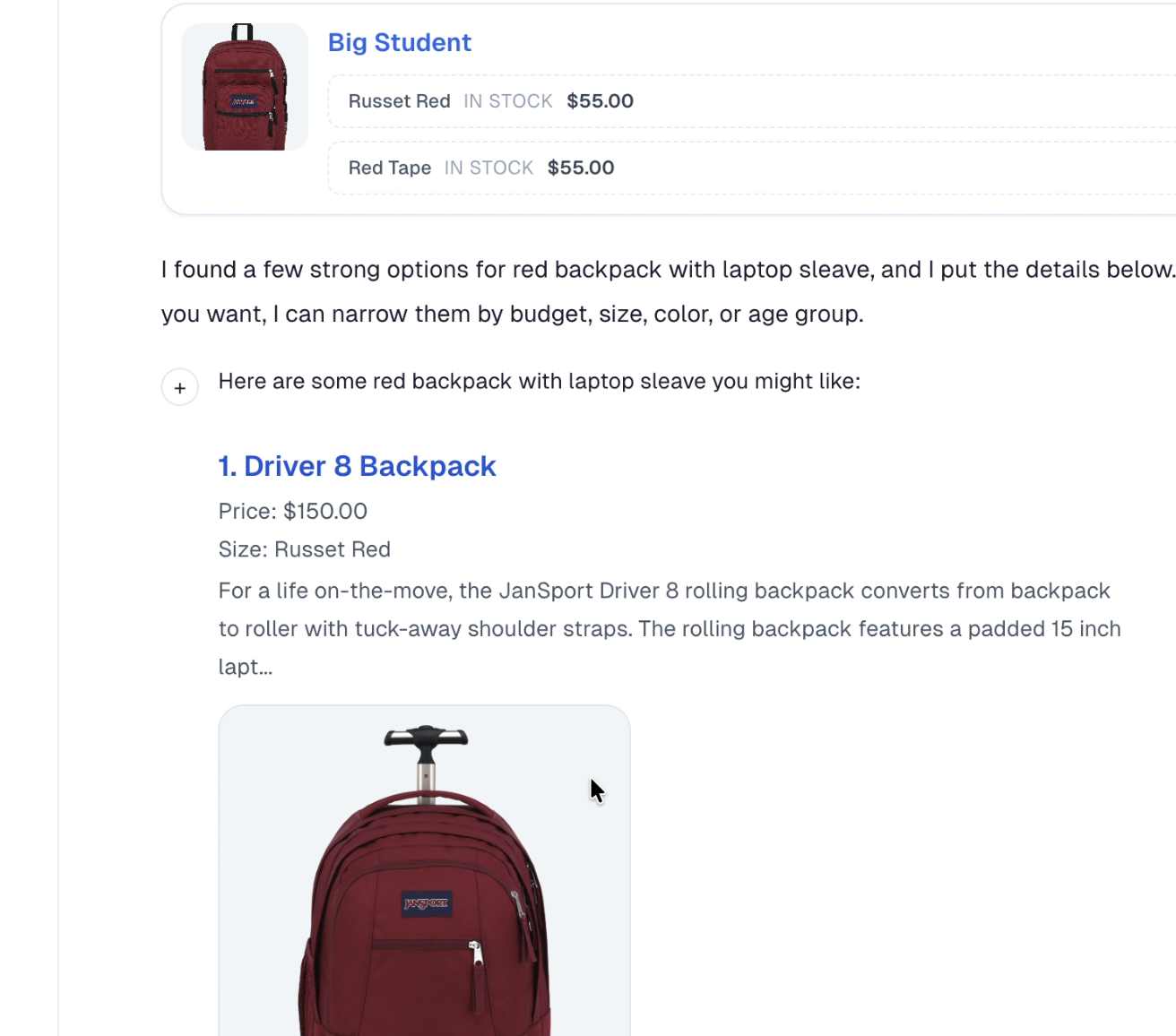 SellBot-style commerce chat surface